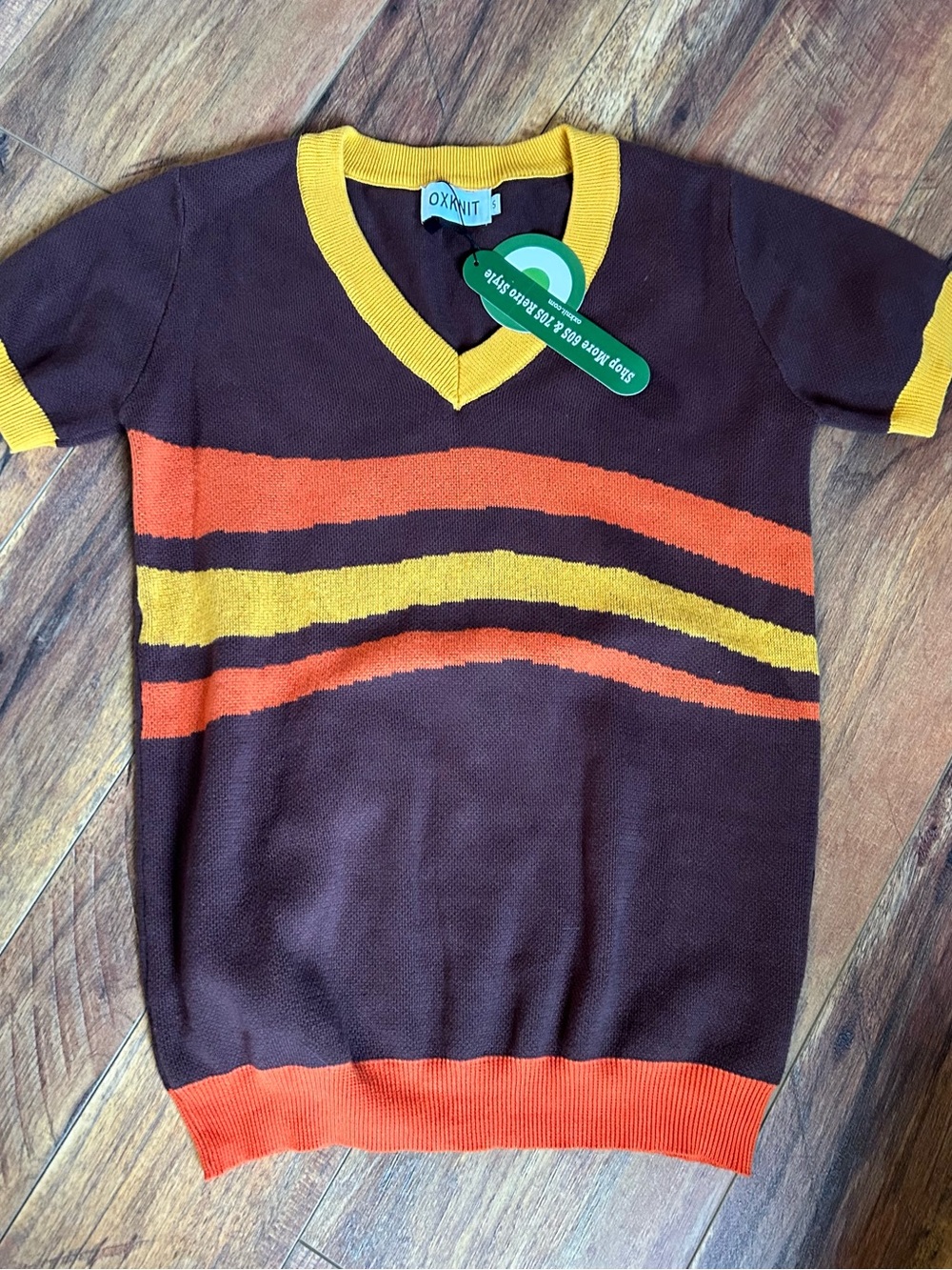 Oxknit Women's Brown V-Neck Sweater with Yellow & Orange Stripes